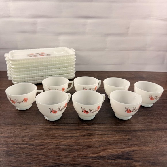 Fire-King Other - Fire-King Fleurette Milk Glass Snack Set 8 Trays Cups Pink Floral